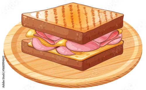 Grilled Ham and Cheese Sandwich on Wooden Plate