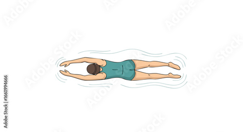 Illustration of a swimmer executing a front crawl stroke, showcasing technique and water displacement from an overhead perspective with white