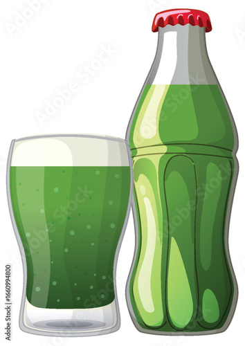 Green Soft Drink Bottle and Glass Vector Illustration