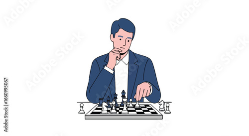 Intense concentration depicted in a man contemplating his next strategic chess move showcased on a stark white backdrop ready to outsmart his opponent