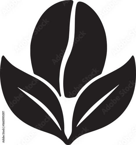 Coffee bean in leaf frame silhouette, perfect for organic coffee branding, packaging, labels, and design.