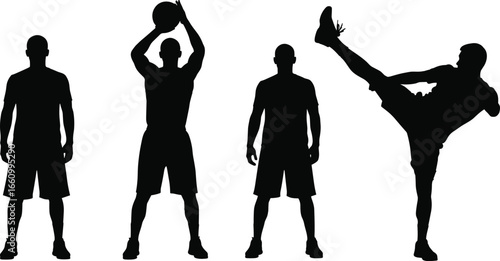 Male athlete silhouettes, standing, ball holding, high kick pose, black vector set, sports action clipart, isolated fitness figures, martial arts illustrationv