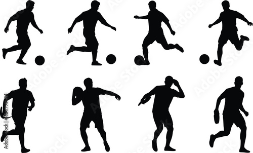 Male athlete silhouettes, soccer and rugby action poses, black vector set, sports clipart, dynamic movement, isolated fitness figures, competitive play illustration