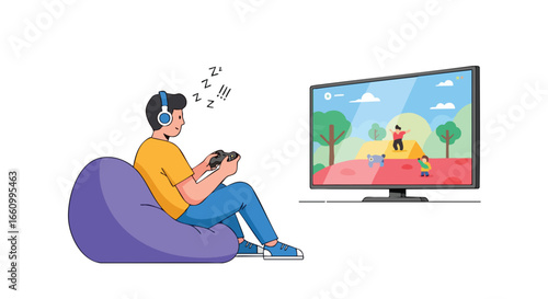 Cartoon gamer falling asleep on a beanbag chair while engrossed in an outdoor-themed video game displayed on a large screen television