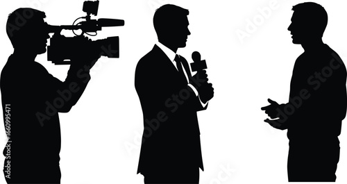 Media crew silhouettes, reporter with microphone, cameraman filming interview, black vector set, journalism scene, communication clipart, isolated broadcast illustration