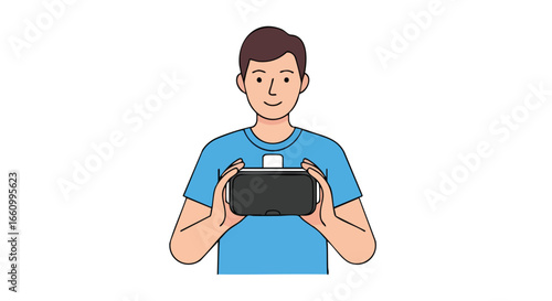 Cartoon man holding a virtual reality headset in front of him, ready for immersive digital experiences and interactive entertainment