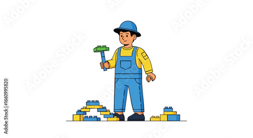 Young builder constructing with blocks illustration, showcasing creativity and playfulness in childhood development learning activities