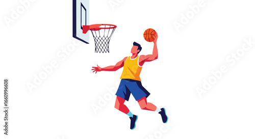 Dynamic basketball player mid-air during slam dunk attempt in polygon art style animation  illustration