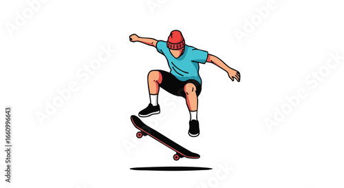 Illustrated skater executing a mid-air trick with beanie, against a stark white backdrop offering an energetic dynamic scene full of youthful vigor