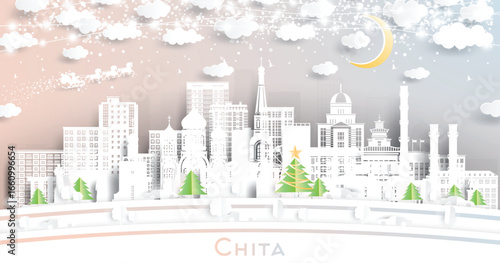 Chita. Russia. Winter city skyline in paper cut style with snowflakes, moon and neon garland. Christmas and new year. Santa Claus on sleigh. Chita cityscape with landmarks.