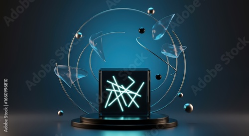 Abstract composition featuring a cube with neon lines surrounded by spheres and glass shards