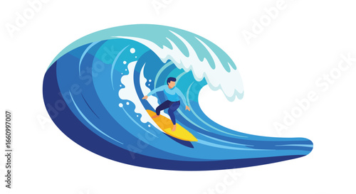 Illustration depicting a surfer skillfully riding a large ocean wave with style and motion perfect for summer themed designs and coastal lifestyle