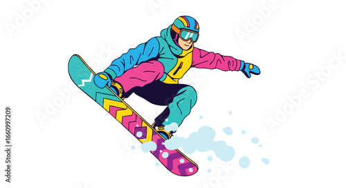 Animated snowboarder in action with vibrant colors and a dynamic pose against a white background with snow spray effect