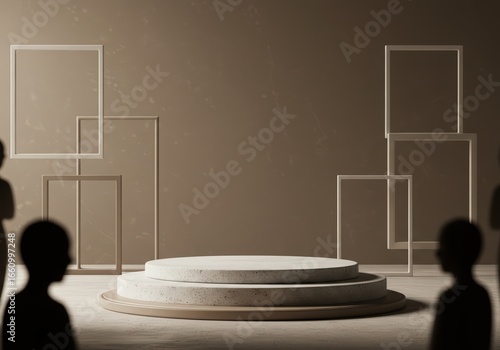 A presentation platform with frames and silhouettes in a minimalist beige color palette setting stage