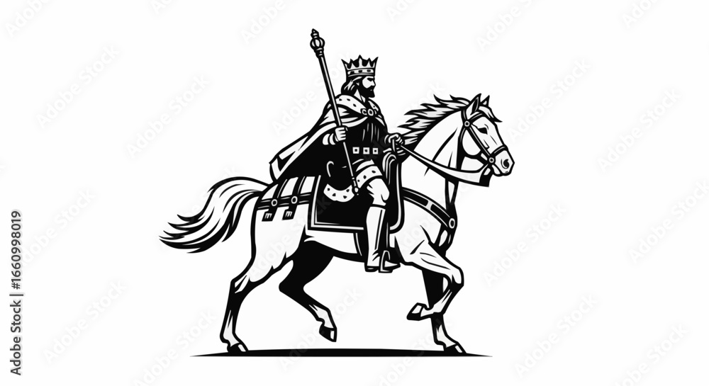 Fototapeta premium Medieval King Riding Horse with Scepter Illustration