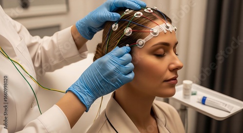Preparing for Polysomnography: Sleep Technician Carefully Applying EEG Sensors to a Patient's Head.