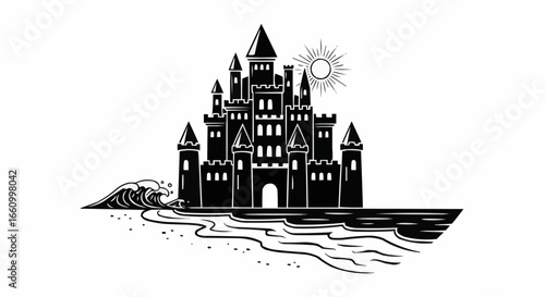 Fantasy Castle on Beach with Sun Silhouette