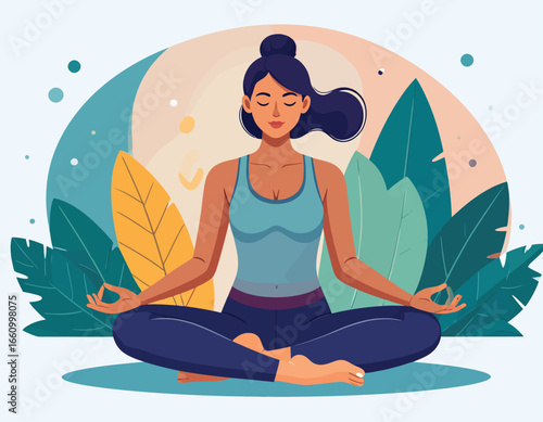 Peaceful woman meditating in lotus pose, a flat illustration promoting mindfulness and wellness