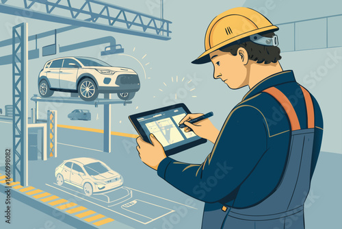 Automobile worker intently examining digital blueprint on a tablet, advanced manufacturing, future of industry, innovation.