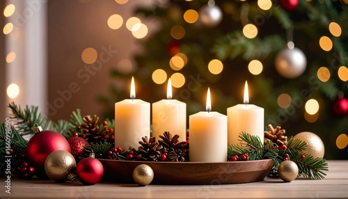Festive Christmas scene with lit candles and ornaments, a holiday season atmosphere