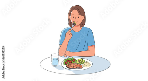 Cartoon illustration of a young woman enjoying a nutritious meal at a table, promoting healthy eating and a balanced lifestyle for wellness advocates