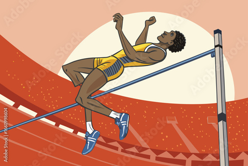 High jumper soaring over the bar at the Olympic Stadium.