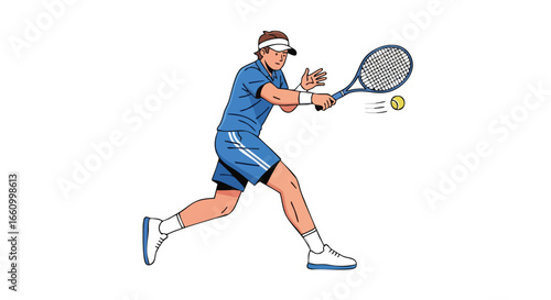Dynamic tennis player in action, striking a ball with power and precision, illustration of athleticism and sportsmanship displayed in a vibrant and