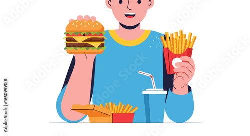 Illustration of a Person Enjoying Fast Food with Burger Fries and Soda, a Happy Meal, and Junk Food Indulgence
