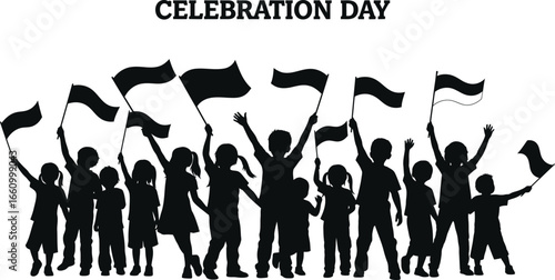 Children celebrating national day with flags in silhouette vector graphic