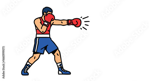 Illustrative boxer delivering a powerful punch against white backdrop showcasing vibrant action lines and bold outlines enhancing overall visual
