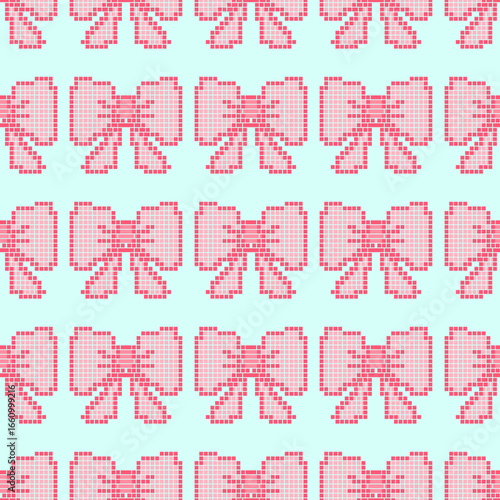 A pink bow cross-stitch pattern with a repeating pattern on a light blue background.