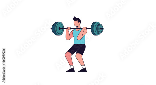 Cartoon Illustration of a Male Figure Performing a Barbell Squat for Physical Training and Muscular Development with a Minimalist Aesthetic
