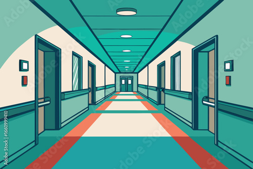 Hospital corridor with signage and emergency lights.