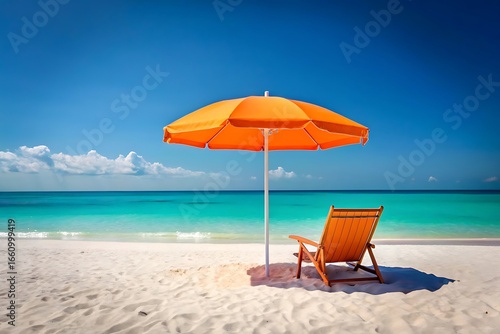 Beach chair and orange umbrella on a beautiful tropical beach