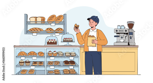 A baker wearing a baseball cap standing near the showcase with bread and cakes enjoying a fresh pastry at his bakery shop and coffee machines in
