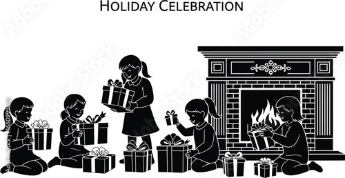 Delighted children opening gifts by the fireplace during holiday celebration