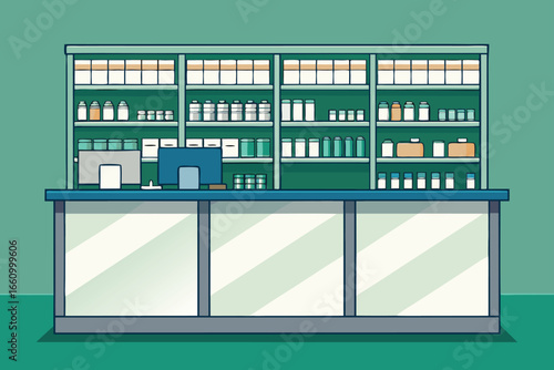 Hospital pharmacy counter with stocked medicine shelves.