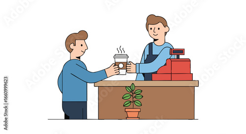 Customer receiving hot drink from barista at cafe counter, plant enhancing coffee shop experience, minimal style illustration of a purchase