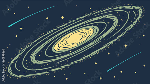 Explore outer space galaxy illustration with stars comets and cosmic dust for astronomy education design