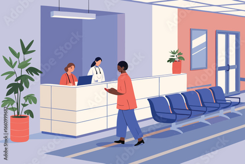 Hospital reception area with staff at front desk.