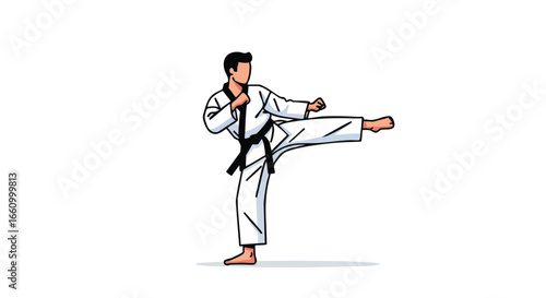 Dynamic Martial Arts Illustration: Karate Practitioner Executing a Powerful Kick with Precision and Focus on White Background