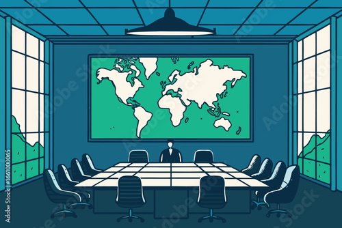 Sophisticated boardroom, expansive digital screen displaying dynamic global data visualizations, high-tech meeting space.