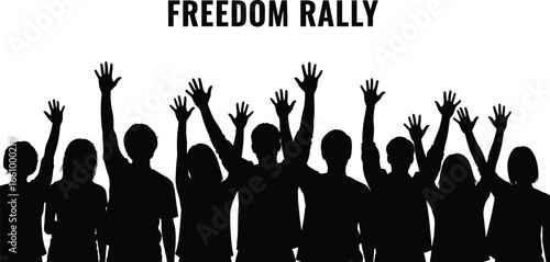 Crowd rallying for freedom with their hands raised high in silhouette