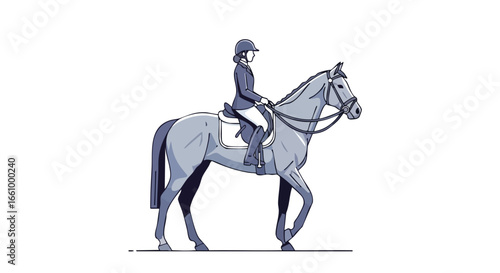 Equestrian harmony: A rider's disciplined poise atop a gentle gray horse in elegant stride captured with clean, simplistic lines