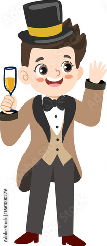 Cheerful Cartoon Style Boy Toasting With Champagne Glass Illustration Clipart