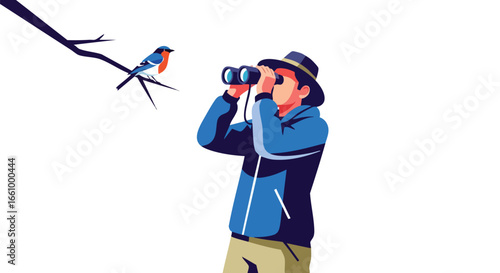 Illustration of a man with binoculars observing a bird perched on a tree branch in a bright scene of wildlife activity