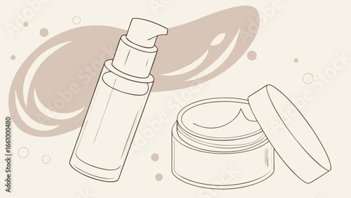 Skincare product line drawing of moisturizer lotion and cream for beauty and personal care routine use