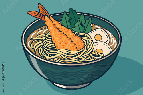 Rich udon noodles in a steaming broth, topped with crispy tempura, soy sauce, nori, and scallions.