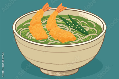 A steaming bowl of udon soup, topped with crispy tempura.