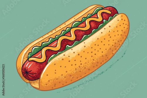A delicious hot dog in a bun, topped with mustard and ketchup.